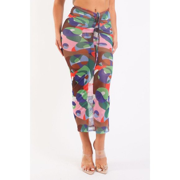 Women's Graphic Printed Mesh Maxi Skirt Party Casual Lace Up V Waist - Picture 4 of 10